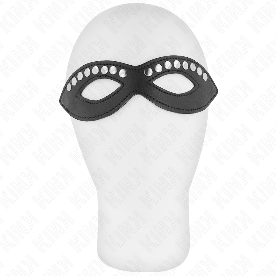 Antifaz negro KINK Masked Allure con mini remaches, vista frontal sobre maniquí.