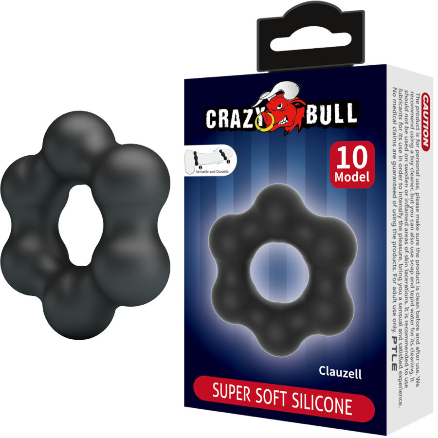 Anillo para pene Crazy Bull Clauzell Model 10 en silicona negra, con caja del producto.
