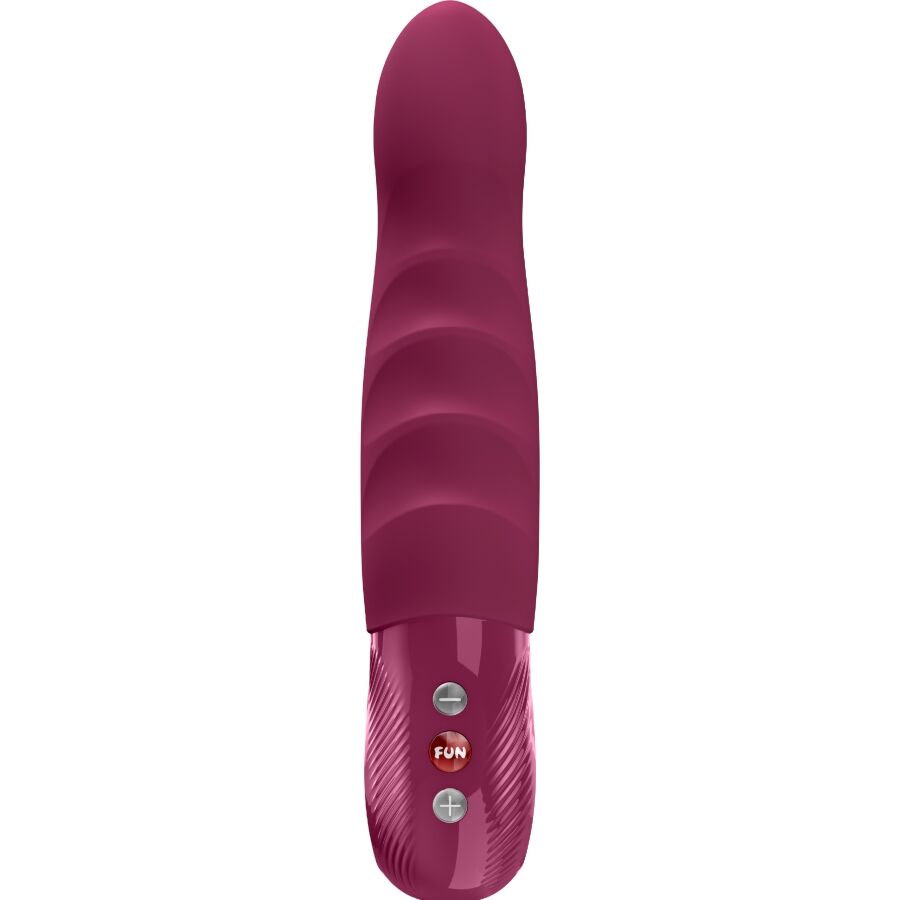 Fun Factory Stronic Deep en rojo vino, vista frontal con botones de control visibles.