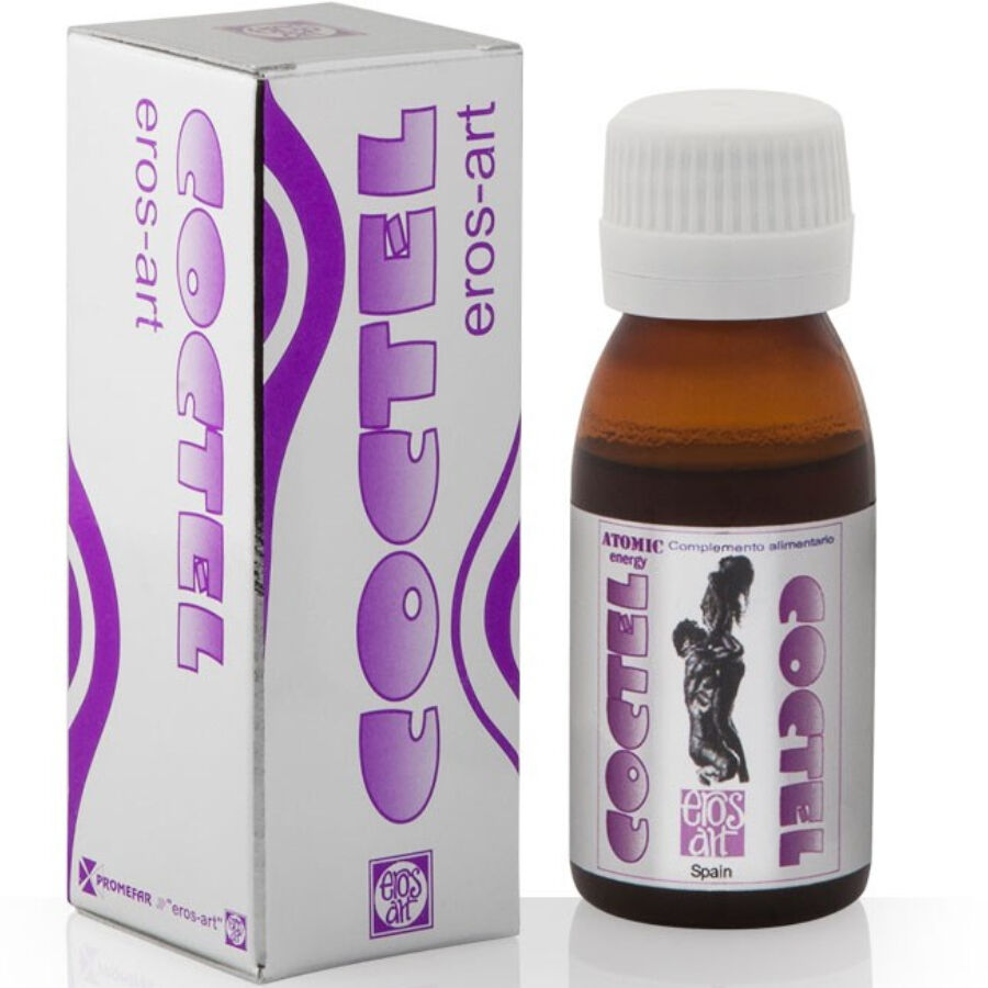 EROS-ART Gotas de Amor con frasco y caja del producto en morado y blanco.
