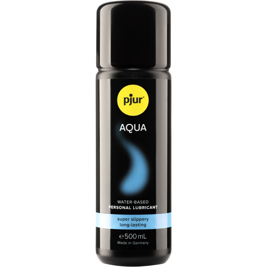 PJUR Aqua lubricante íntimo en botella negra, vista frontal, 500 ml.