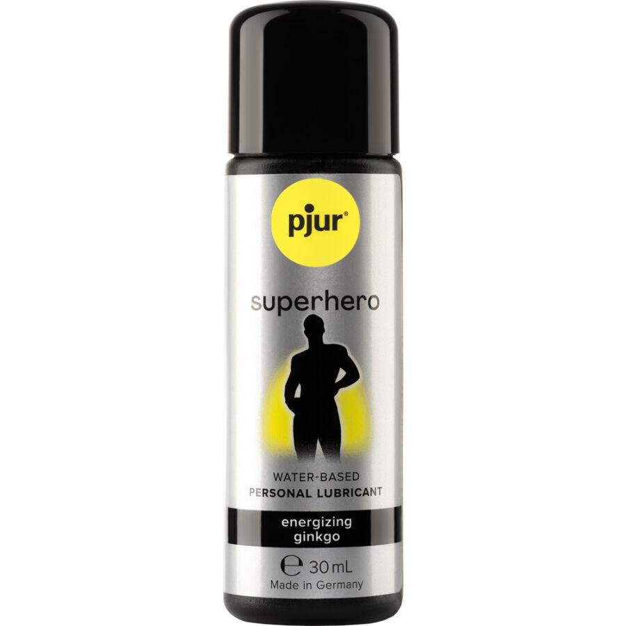 PJUR Superhero Ginkgo en frasco frontal con etiqueta plateada y tapón negro.