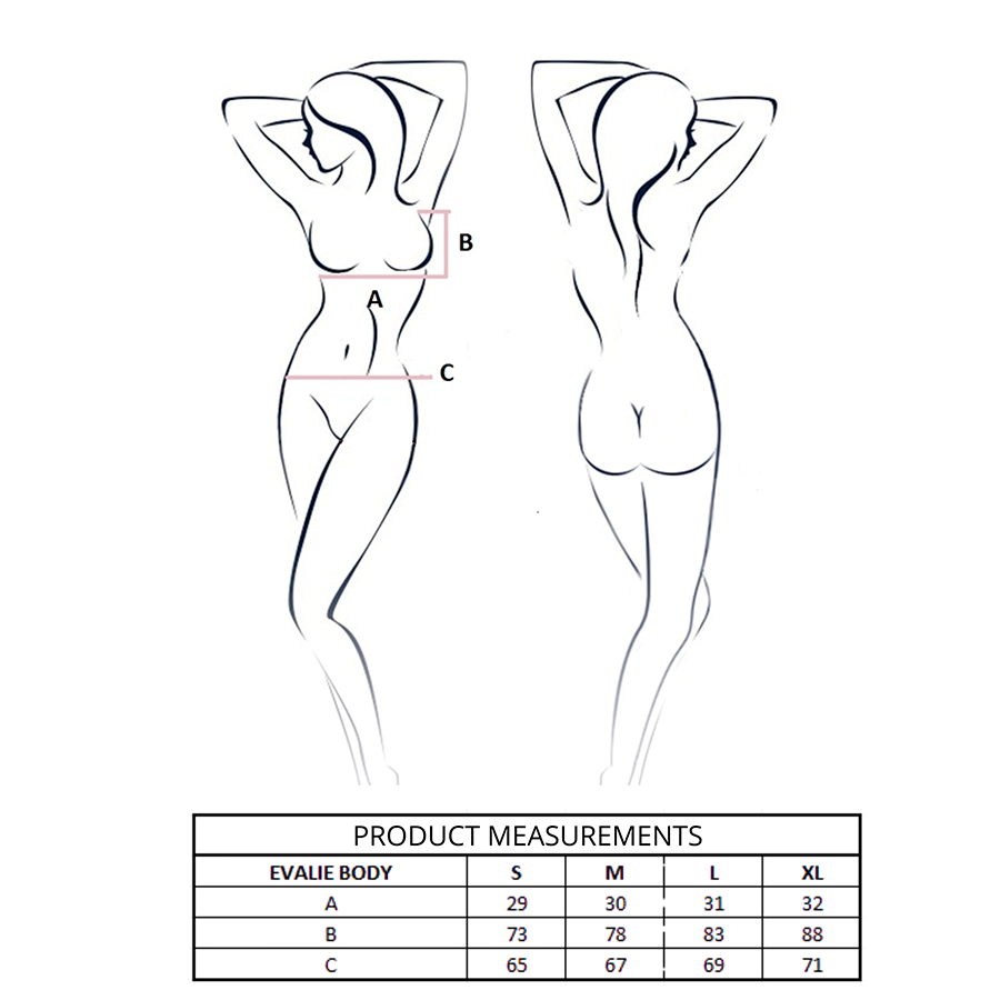 Guía de tallas del Passion Evalie Body con medidas A, B y C y tabla de S a XL.