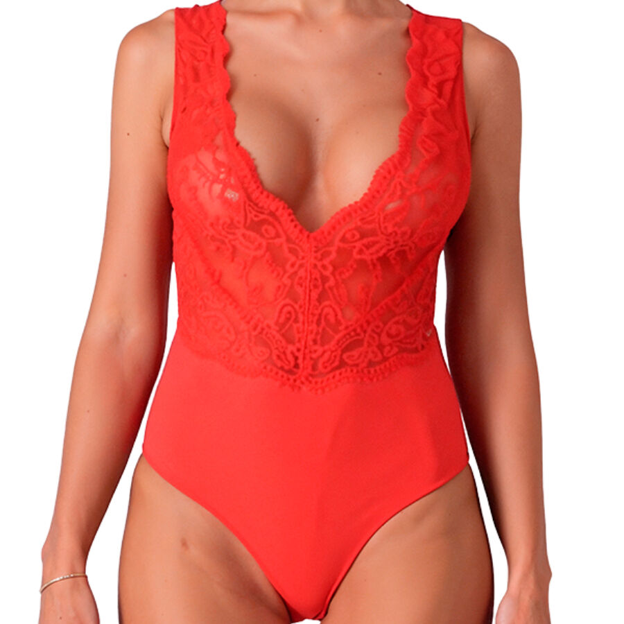 Body de encaje rojo PASSION Evalie en vista frontal, con escote en V pronunciado.