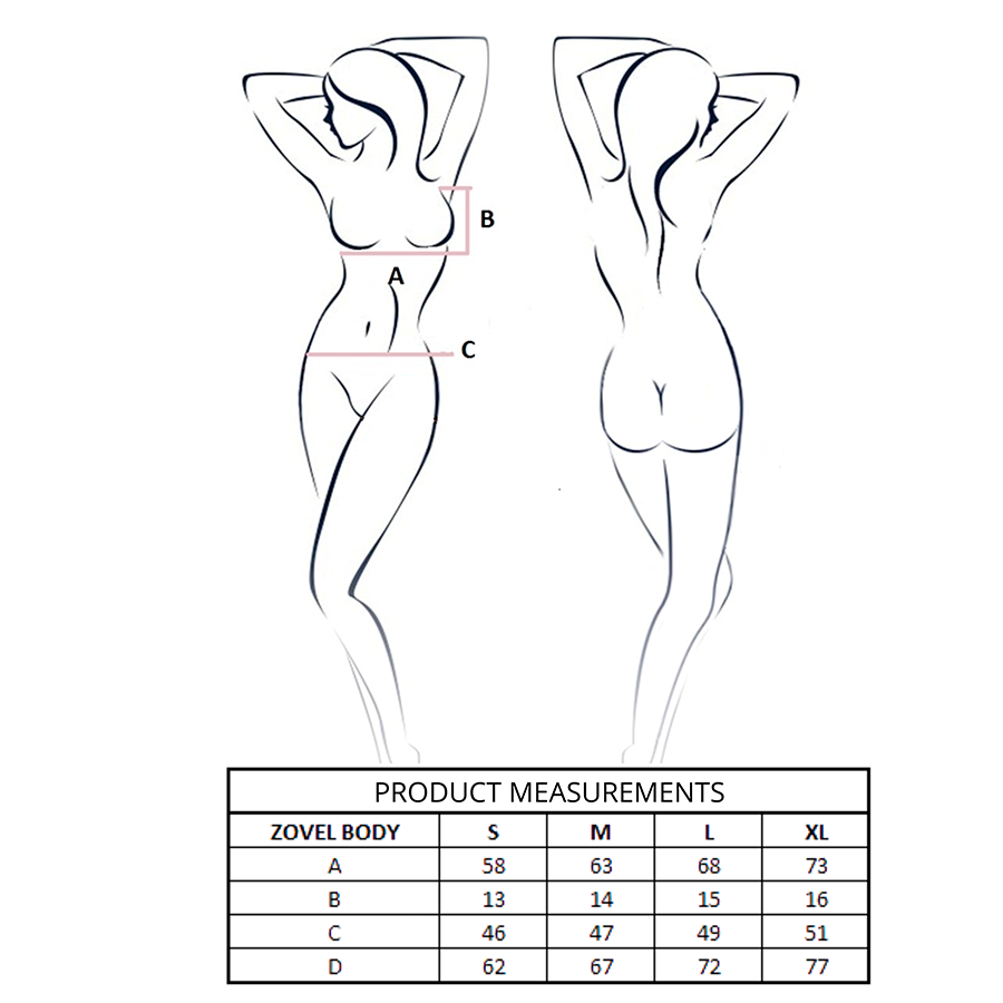 Guía de tallas del Zovel Body con medidas A, B, C y D en S, M, L y XL.