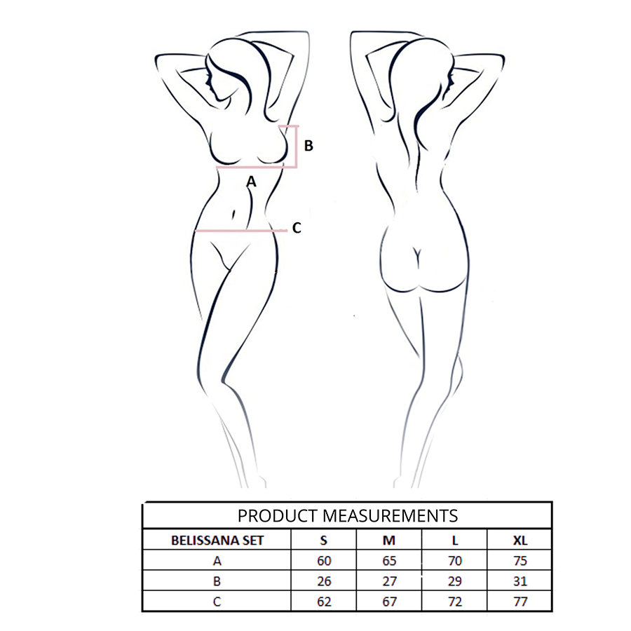 Guía de tallas del conjunto Belissana con medidas A, B y C