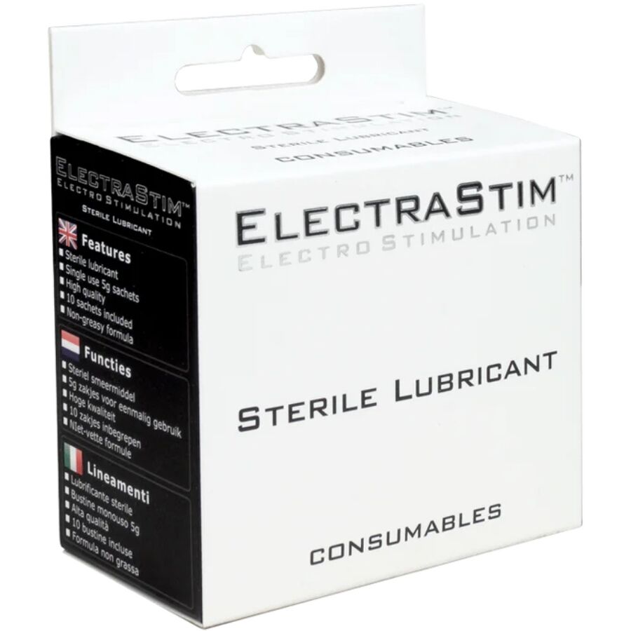 Caja del producto ElectraStim Aqualube, con diseño blanco y negro.