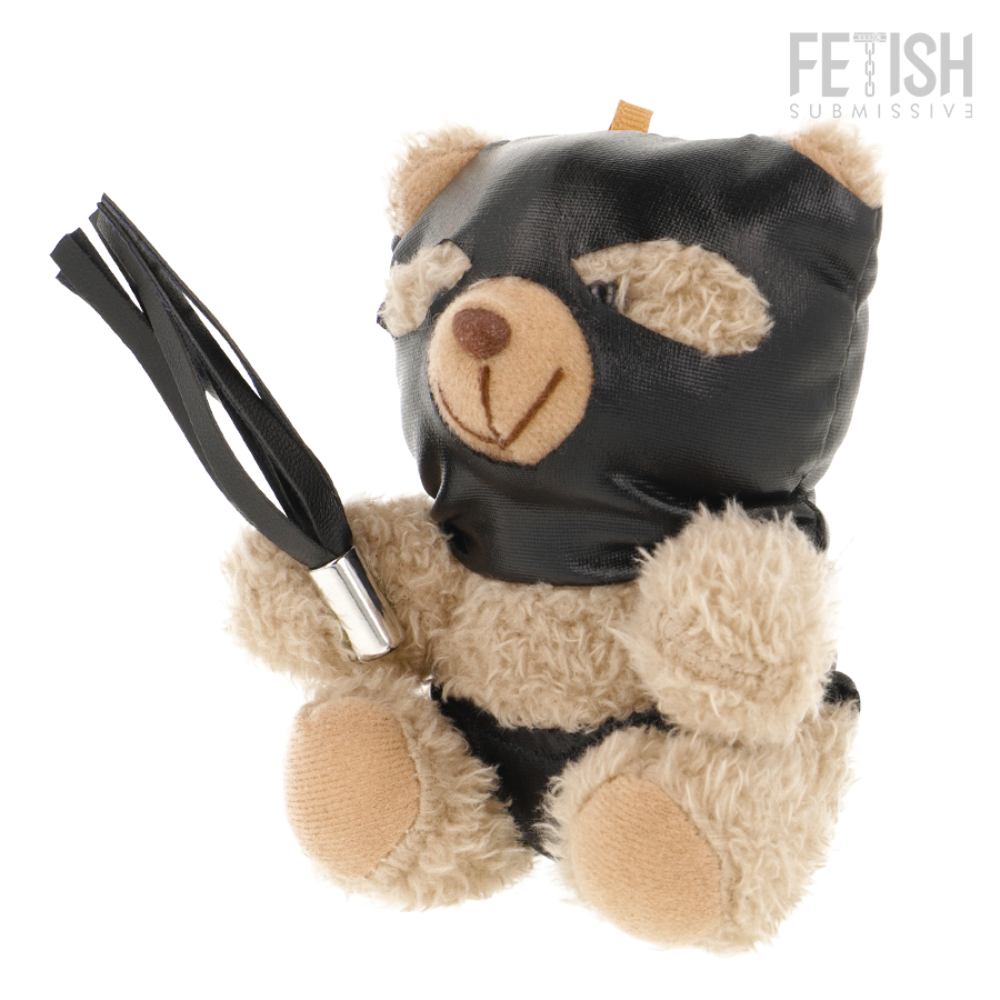 Luno, oso de peluche coleccionable de FETISH SUBMISSIVE REBEL TOYS, con máscara negra y correa en la mano