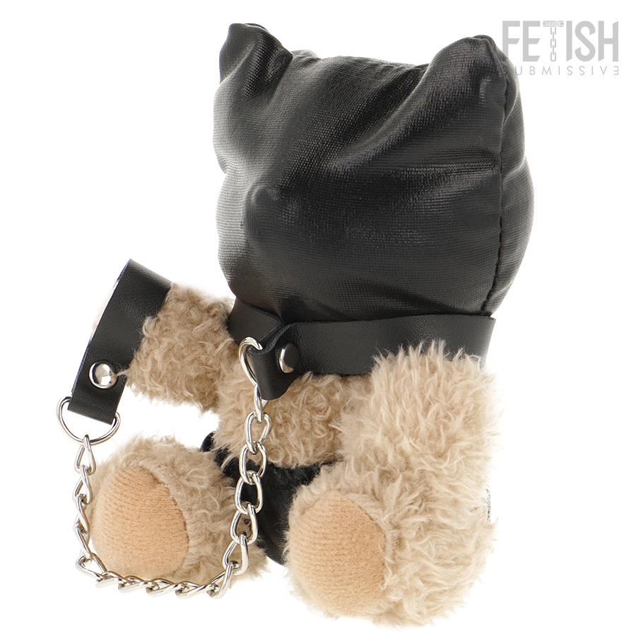 Peluche teddy Momo de FETISH SUBMISSIVE con capucha y arnés negros, en vista frontal