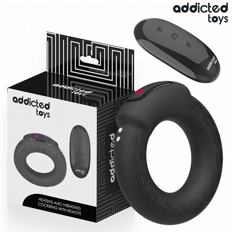 Addicted Toys anillo vibrador negro con mando inalámbrico y caja del producto.