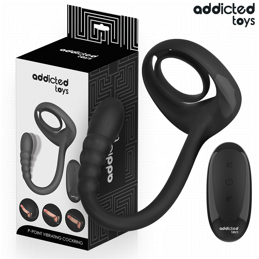 Anillo vibrador negro de ADDICTED TOYS con mando y caja del producto.