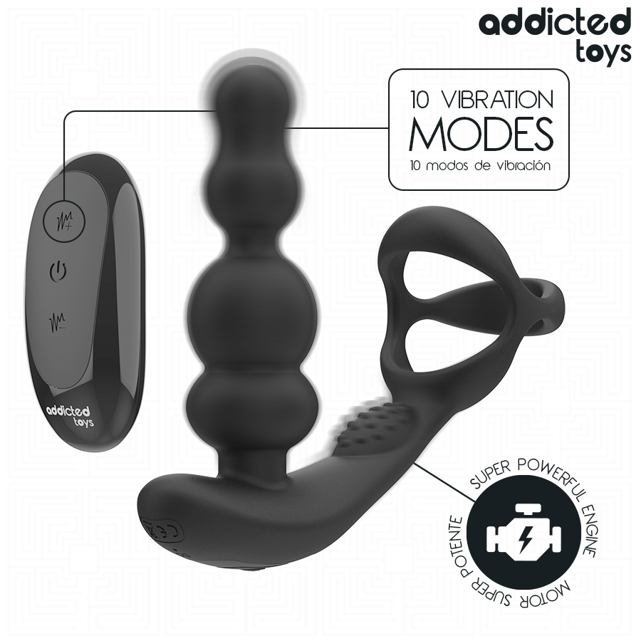 Detalle del masajeador prostático Addicted Toys negro con mando inalámbrico visible.