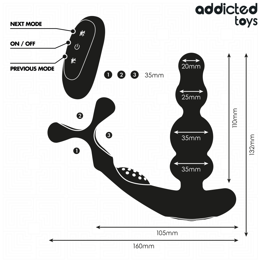 Guía de medidas del masajeador prostático giratorio Addicted Toys, con silueta negra y medidas en mm.