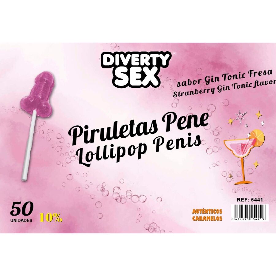 Caja del producto Diablo Goloso con piruleta en forma de pene y fondo rosa.