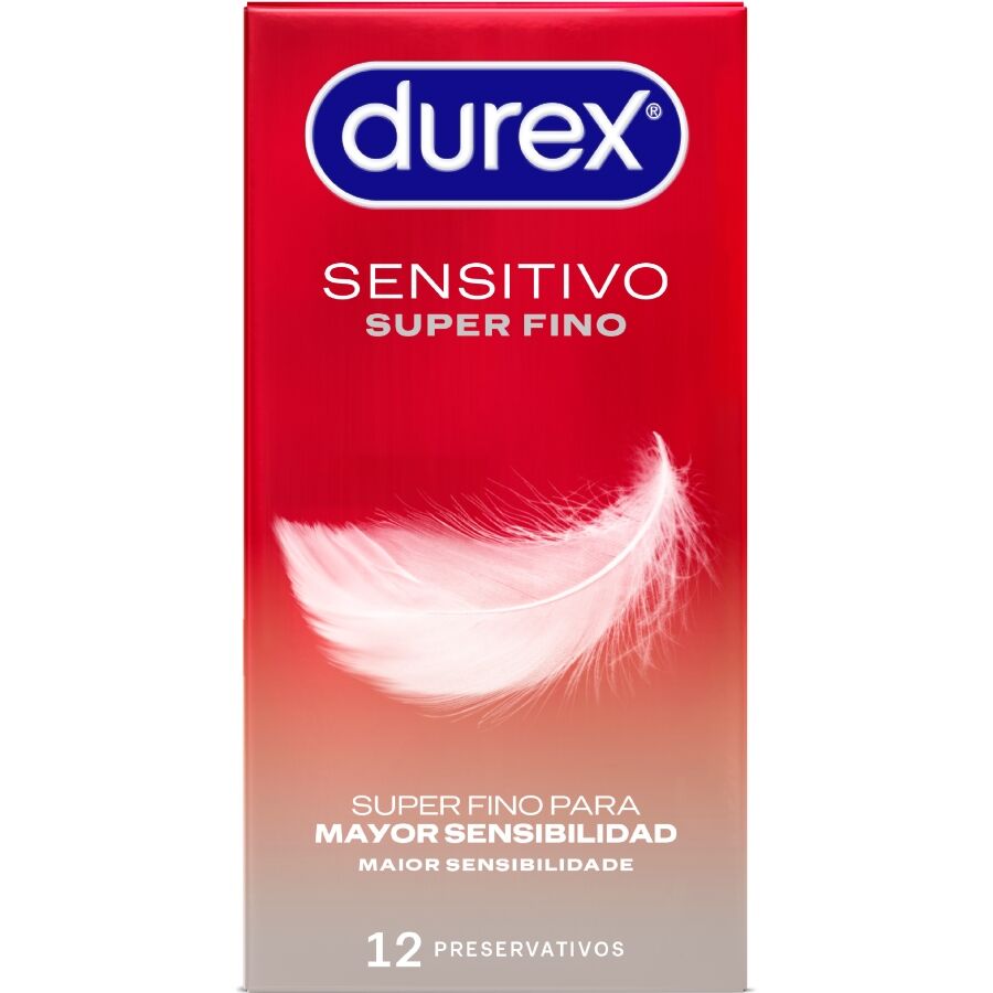 Caja del producto Durex Sensitivo Super Fino, roja, con pluma en el frontal y formato de 12 preservativos.