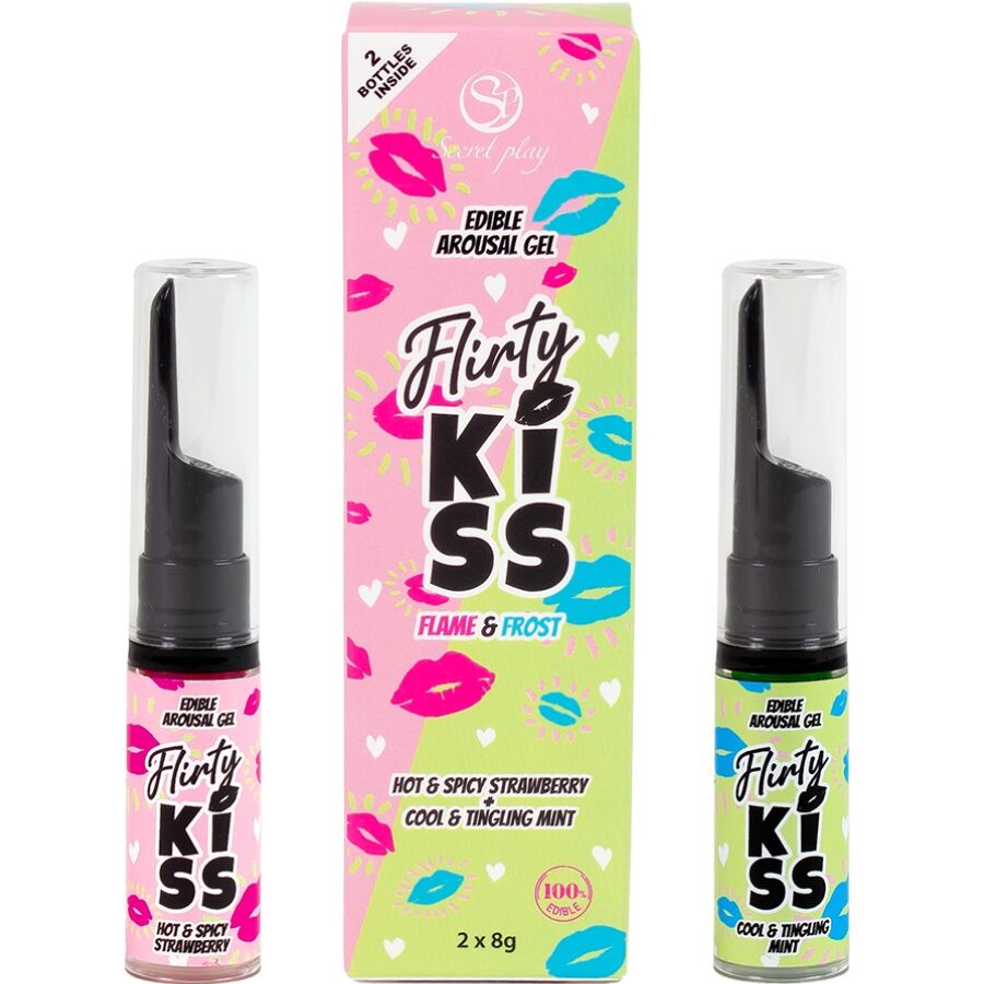 Secretplay Flirty Kiss: dos geles orales en caja rosa y verde.