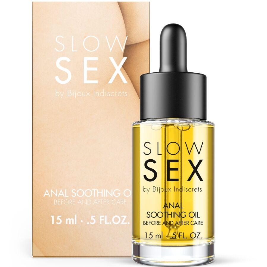 BIJOUX SLOW SEX aceite anal calmante en frasco con gotero, junto a la caja del producto