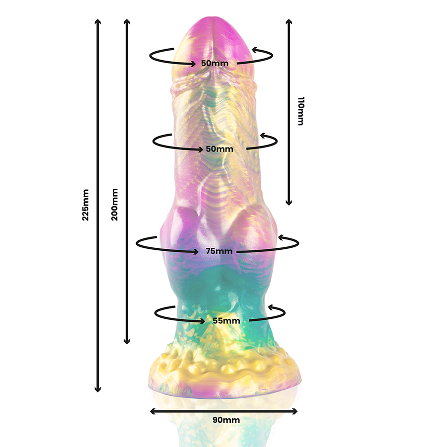 Guía de medidas del dildo EPIC Iris con testículos arcoíris y cotas en milímetros.