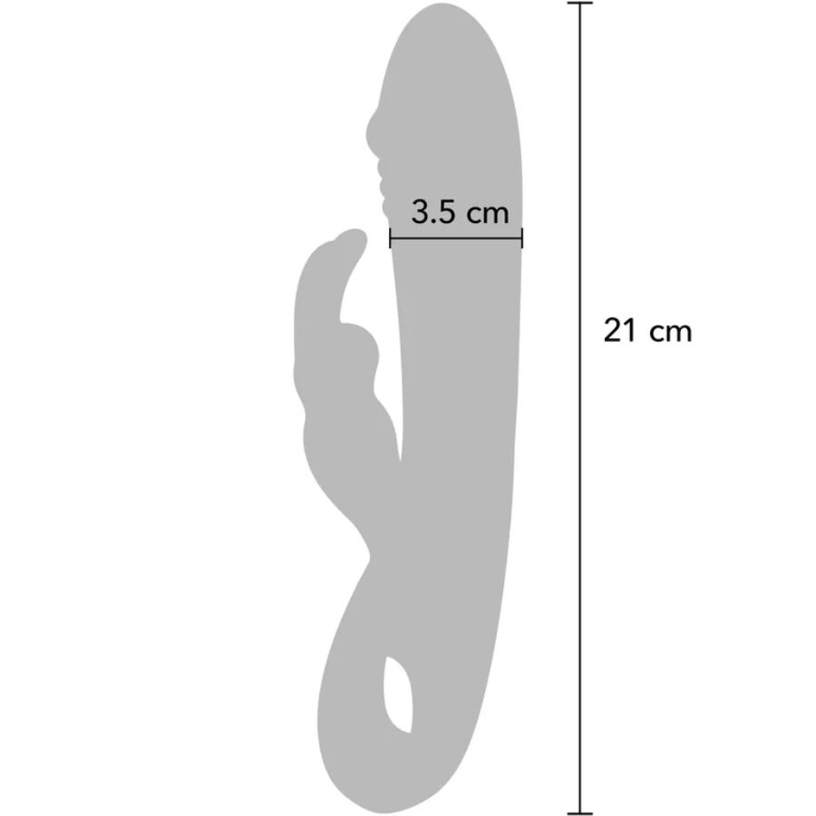 Guia de tallas del vibrador conejito TOYJOY Taygeta, con 21 cm de largo y 3,5 cm de ancho.