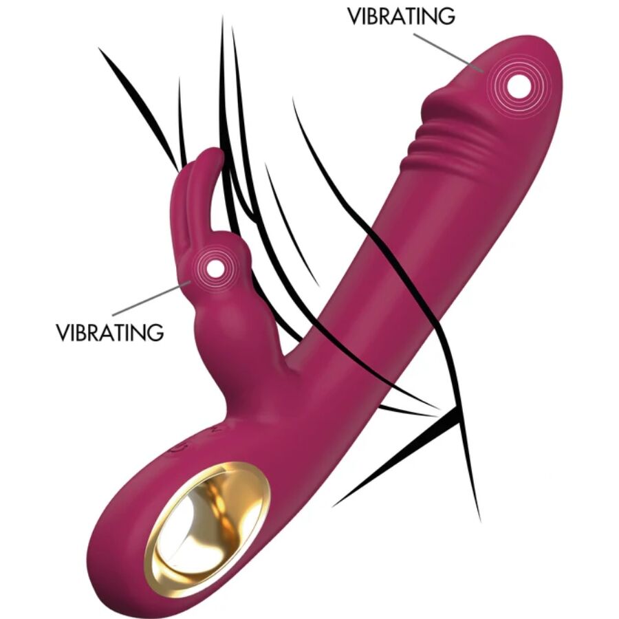 ToyJoy Taygeta, vibrador conejito magenta con dos zonas vibrantes y abertura dorada.