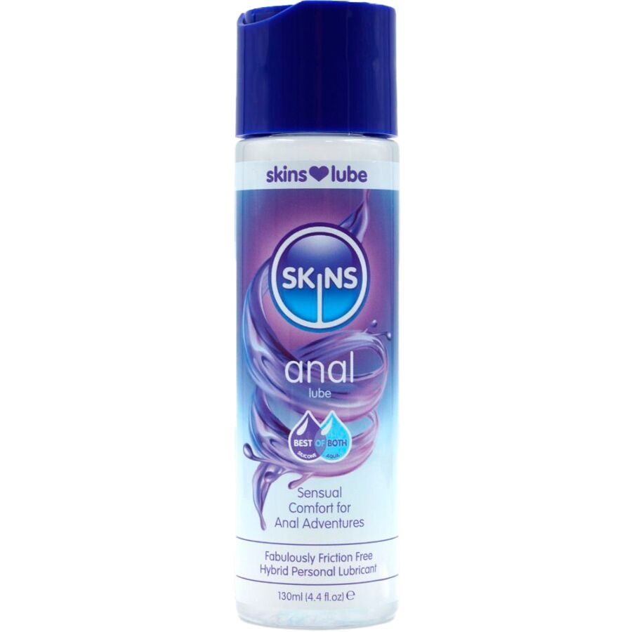 Lubricante Skins Anal en frasco, con tapón azul y etiqueta morada.