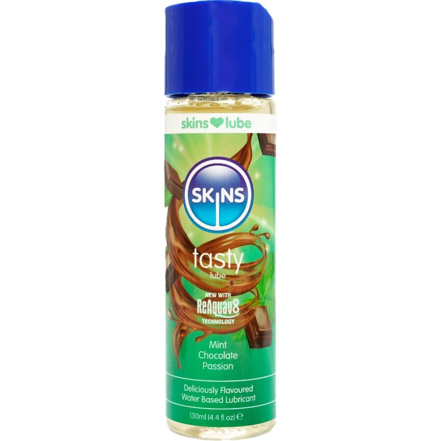 SKINS Tasty lubricante en frasco verde con tapón azul, vista frontal