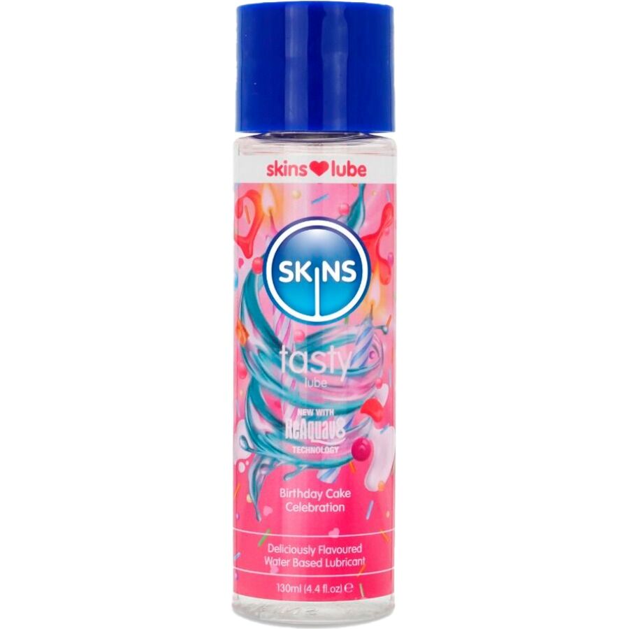 SKINS Tasty lubricante sabor Birthday Cake en botella con tapón azul