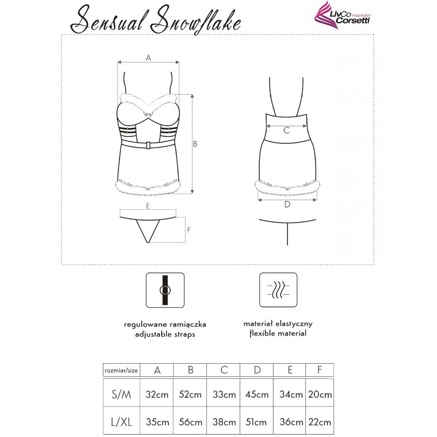 Guía de tallas de Livco Corsetti Sensual Snowflake con esquema frontal y trasero y tabla S/M y L/XL.