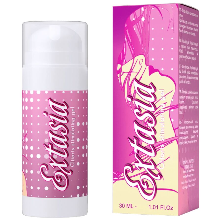 RUF Extasia gel estimulante para clítoris en frasco blanco con caja rosa.