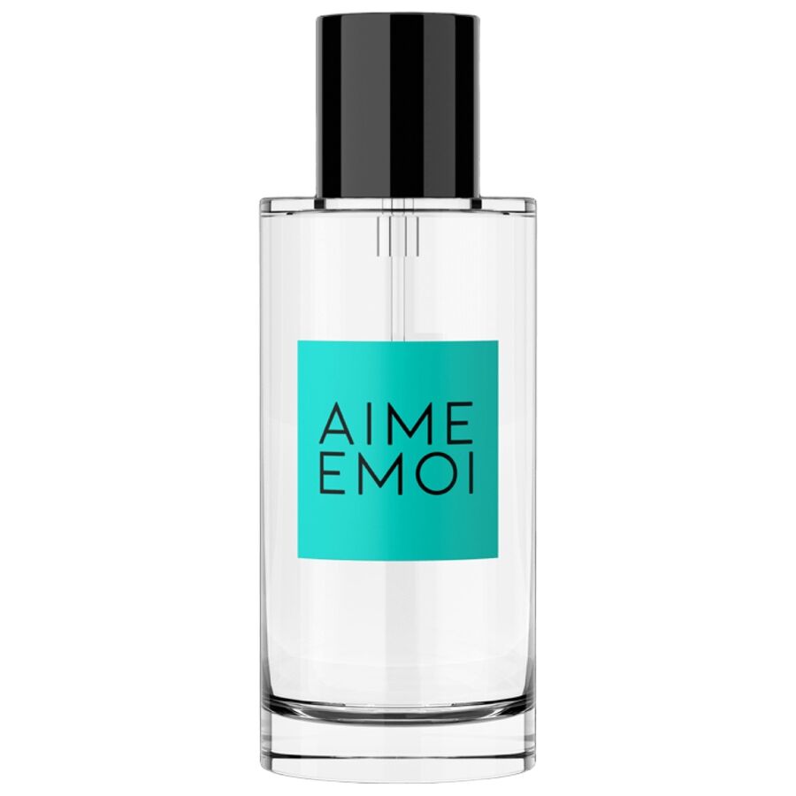 RUF Aime EMOI, perfume en frasco transparente con tapa negra y etiqueta turquesa.