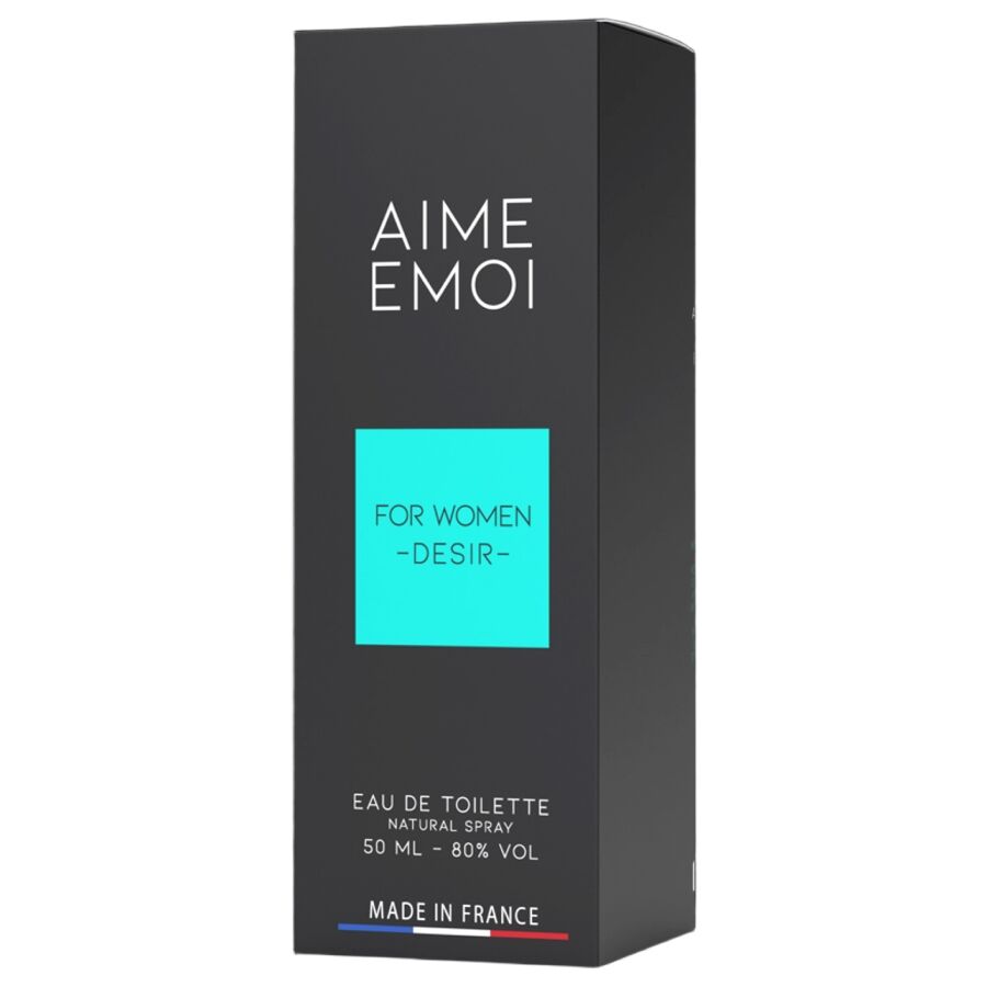 Caja del producto AIME EMOI para mujeres, en negro con panel turquesa.