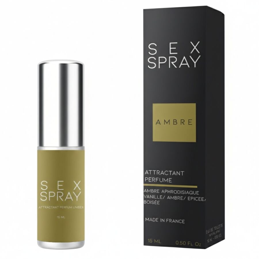 RUF Sex Spray Ambre en spray con caja del producto negra y frasco dorado.