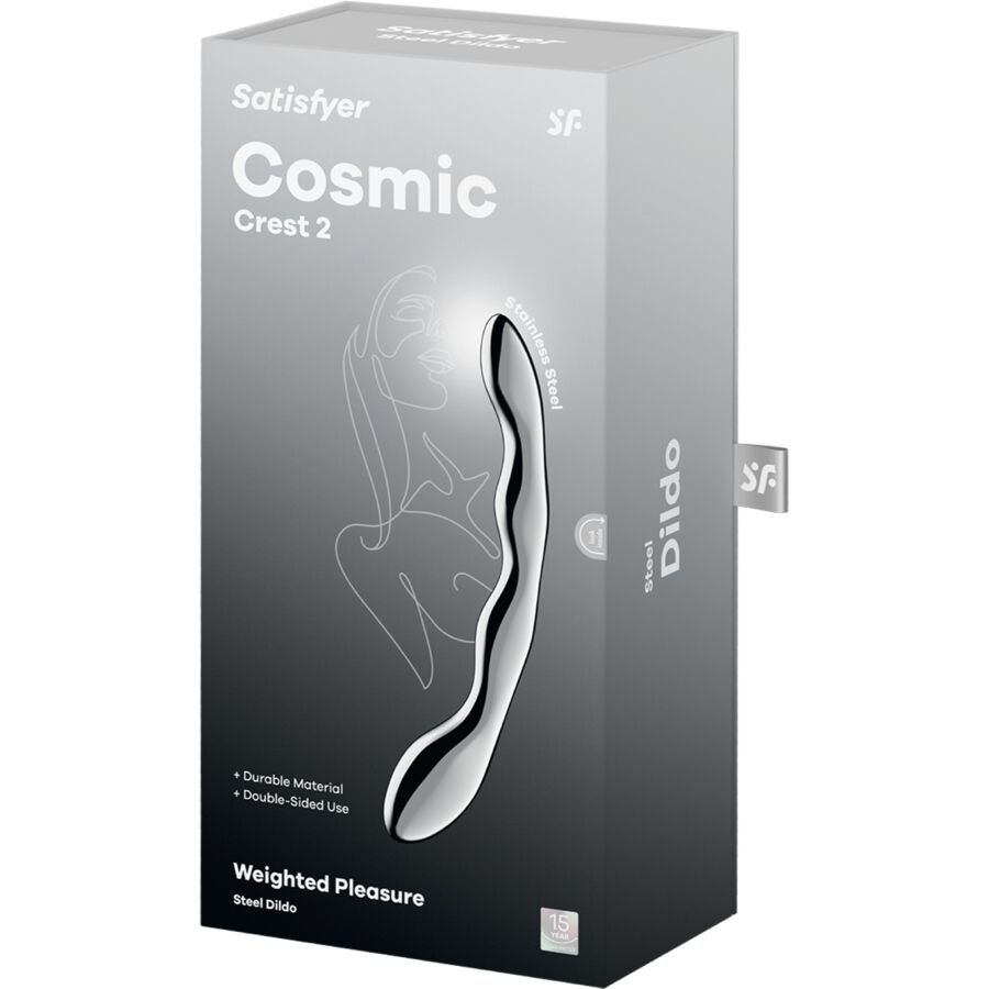 Caja del producto Satisfyer Cosmic Crest 2 con diseño degradado gris y negro.
