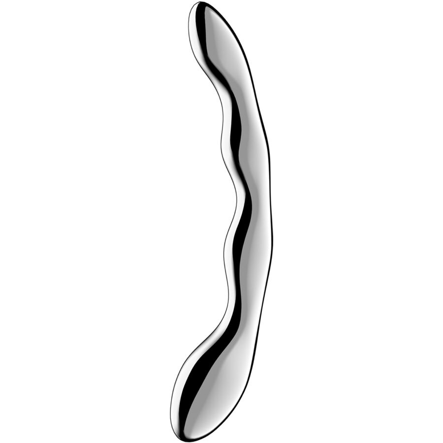 Satisfyer Cosmic Crest 2 de acero inoxidable, vista frontal del dildo doble curvado.