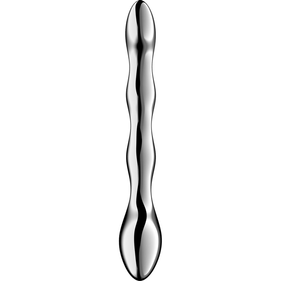 Satisfyer Cosmic Crest 2 en acero inoxidable, vista frontal del dildo doble.
