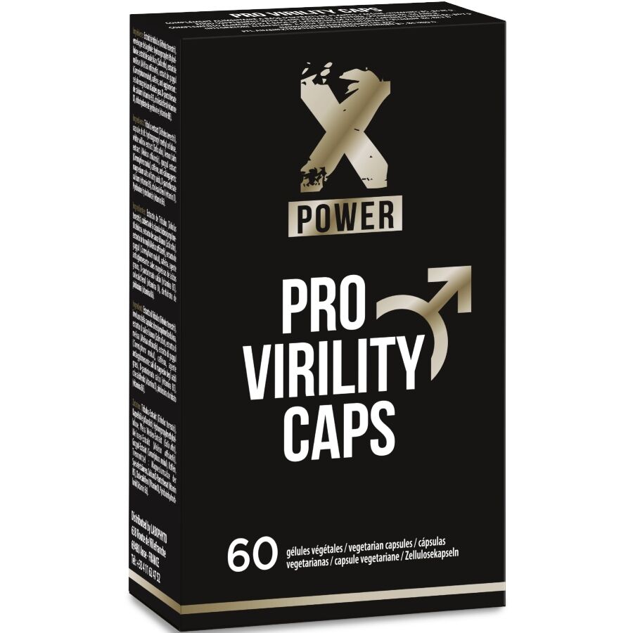 Caja del producto XPOWER Pro Virility Caps en negro, vista frontal.