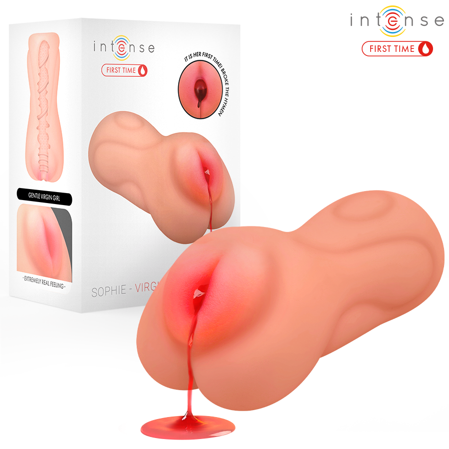 Masturbador vaginal Sophie de Intense First Time con caja del producto y efecto de sangrado visible.