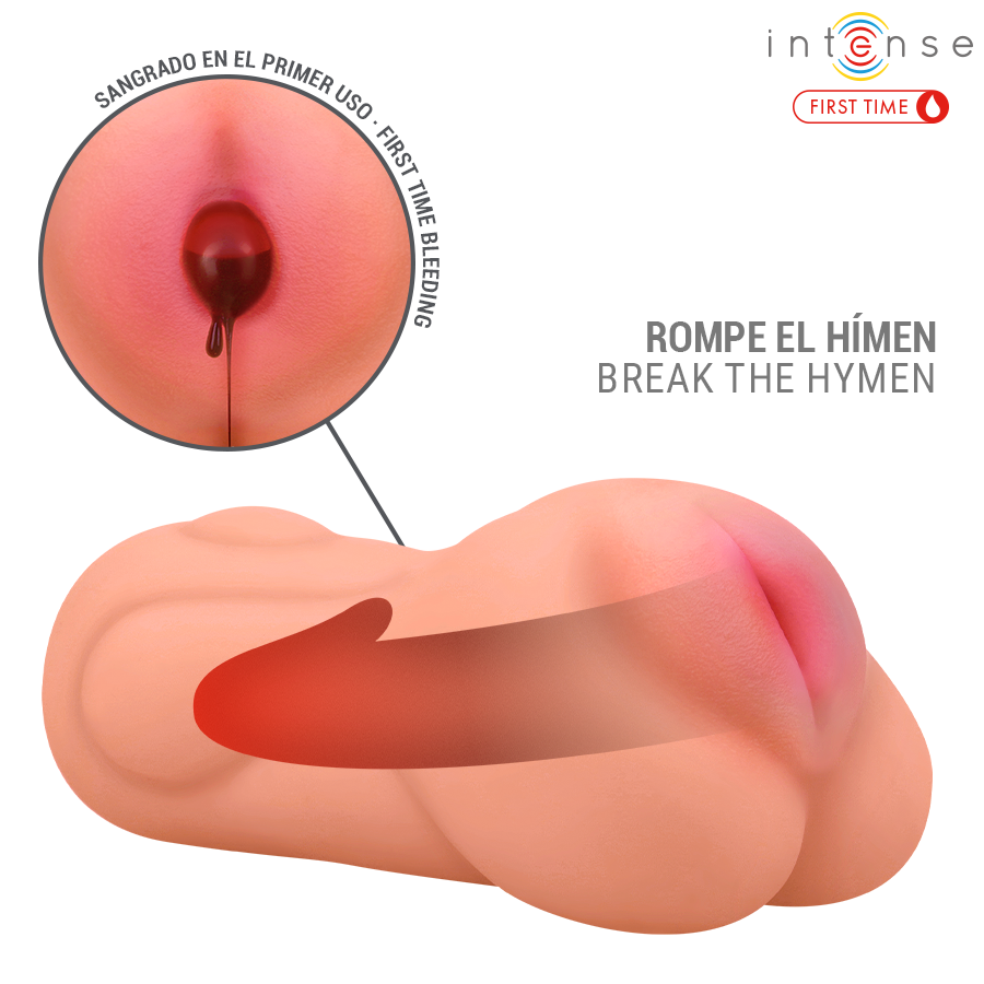 Masturbador vaginal Sophie de Intense en vista lateral, con abertura interior y detalle de sangrado ilustrado.