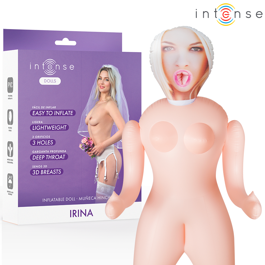 Muñeca hinchable Intense Dolls Irina en vista frontal, con caja morada del producto al fondo.
