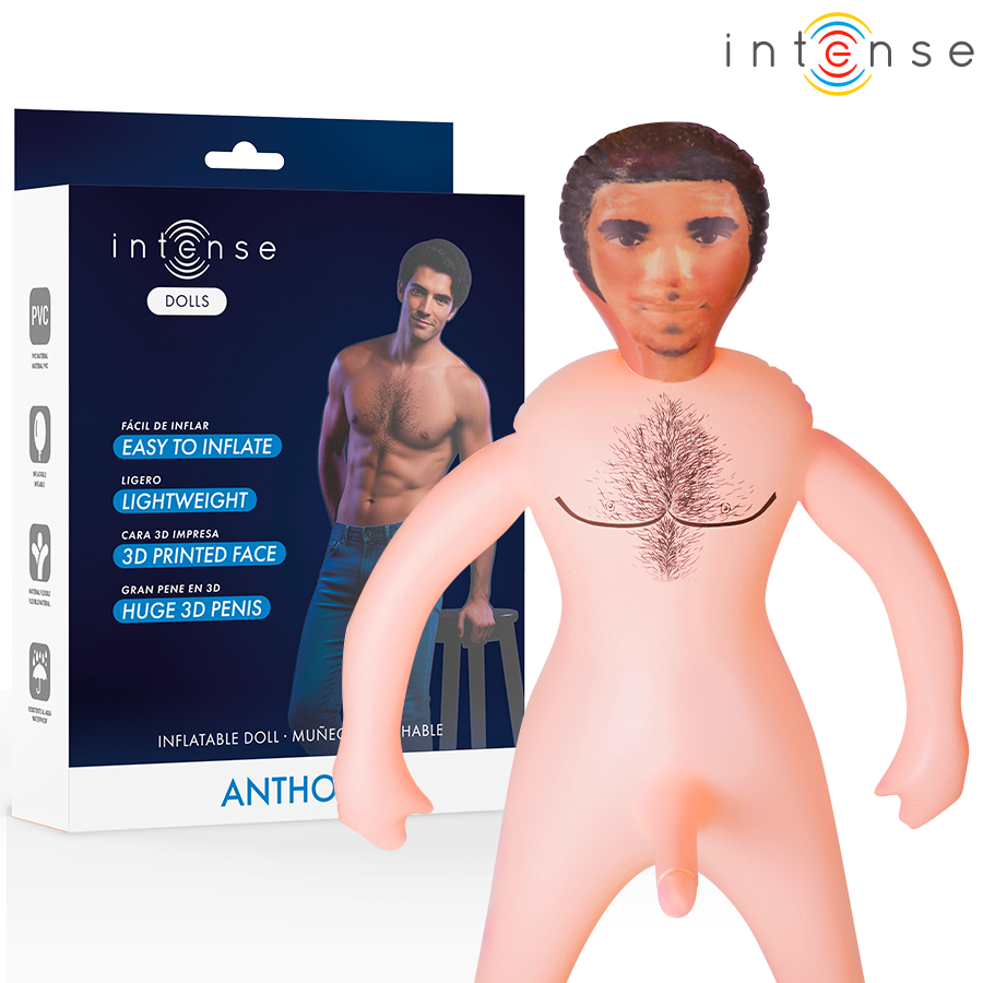 Muñeco hinchable masculino Intense Dolls Anthony con caja del producto y rostro impreso en 3D.