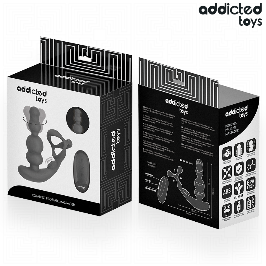 Caja del producto Addicted Toys con ilustración del masajeador prostático giratorio.