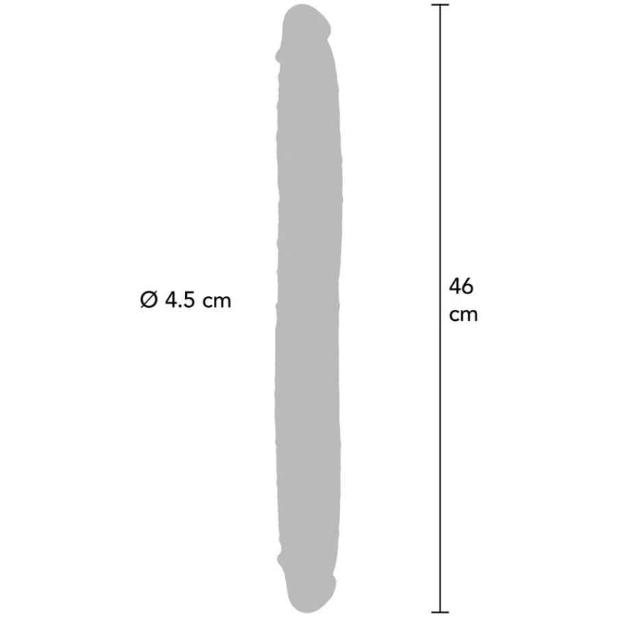 Guia de medidas del GET REAL dildo de doble extremo en color caramelo, con 46 cm de largo y 4,5 cm de diametro.