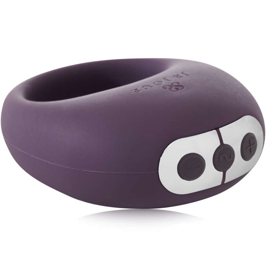 Anillo vibrador JE JOUE Mio flexible morado, con botones frontales visibles.
