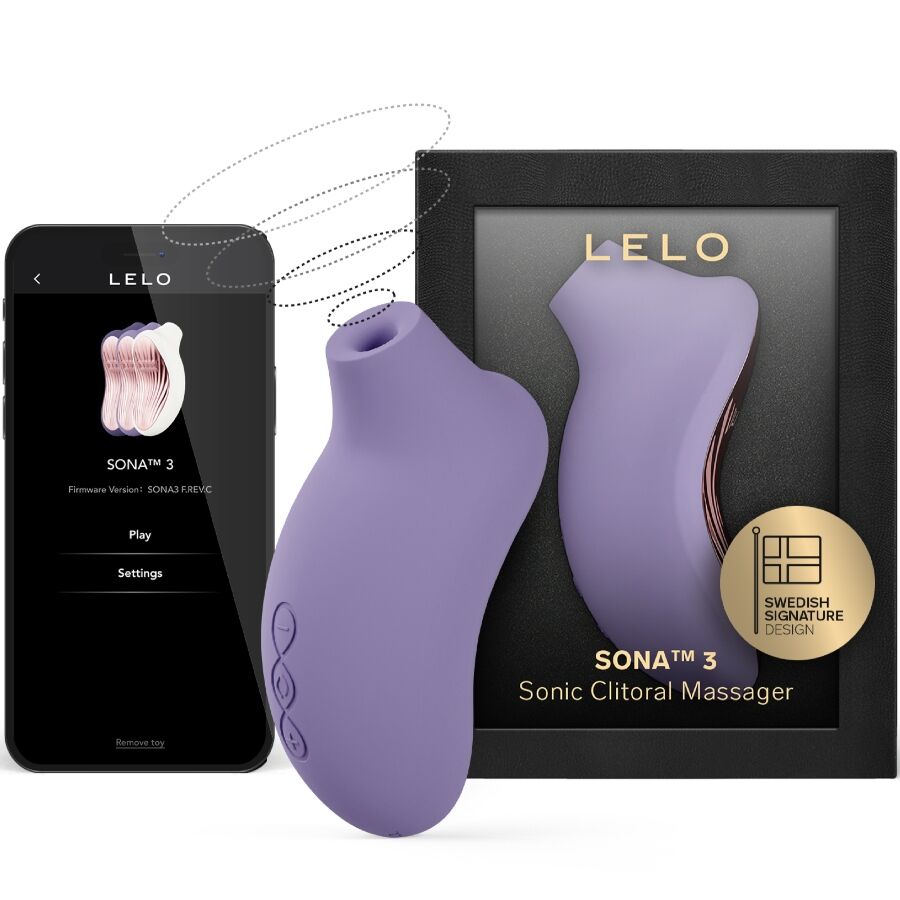 LELO SONA 3 morado junto a su caja y la pantalla de la app