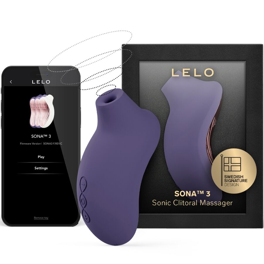 LELO SONA 3 morado junto a su caja y la pantalla de la app