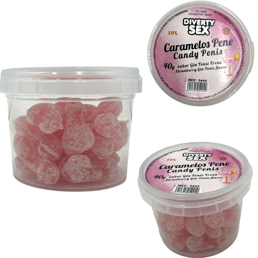 DIABLO PICANTE caramelo con forma de pene en bote transparente, vista frontal y superior.