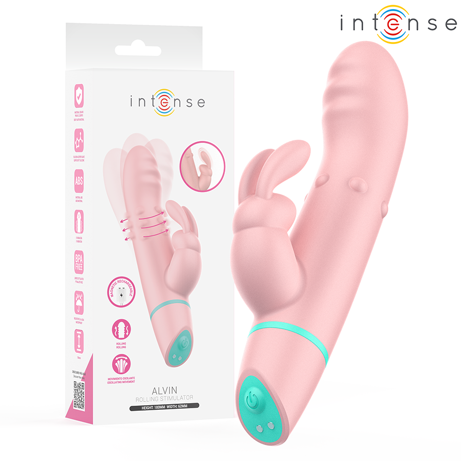 Vibrador conejo INTENSE Alvin rosa con base turquesa y caja del producto.