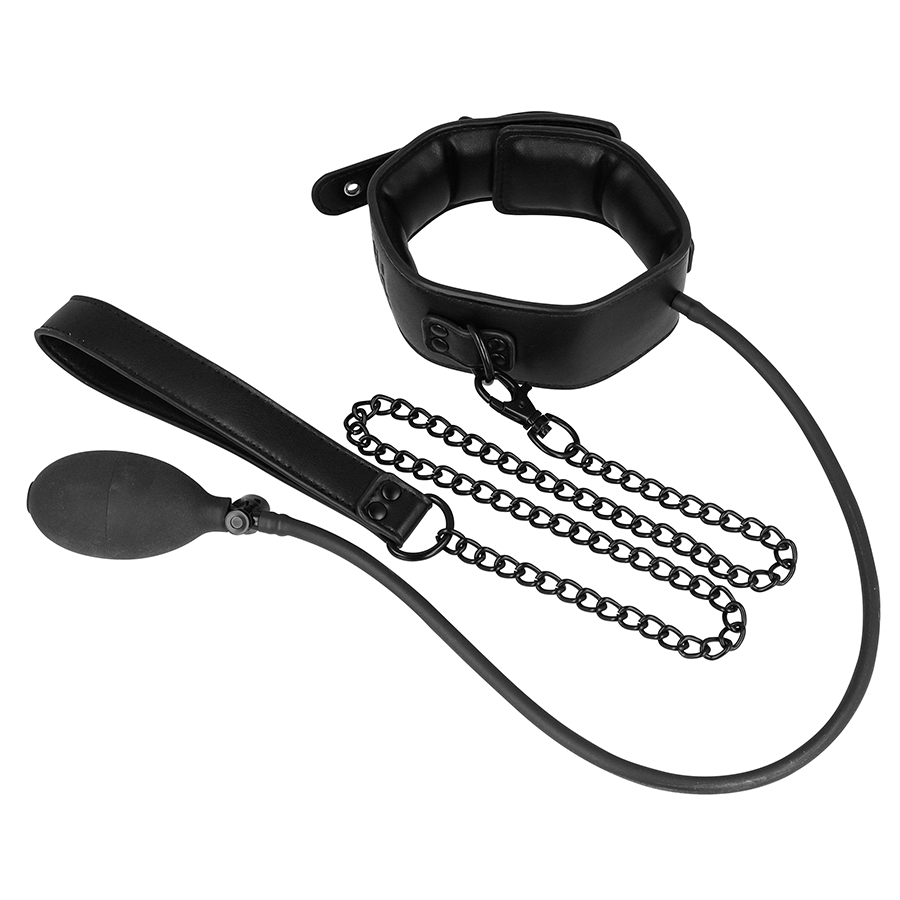 Collar inflable Fetish Submissive Extreme negro con cadena y pera de inflado.
