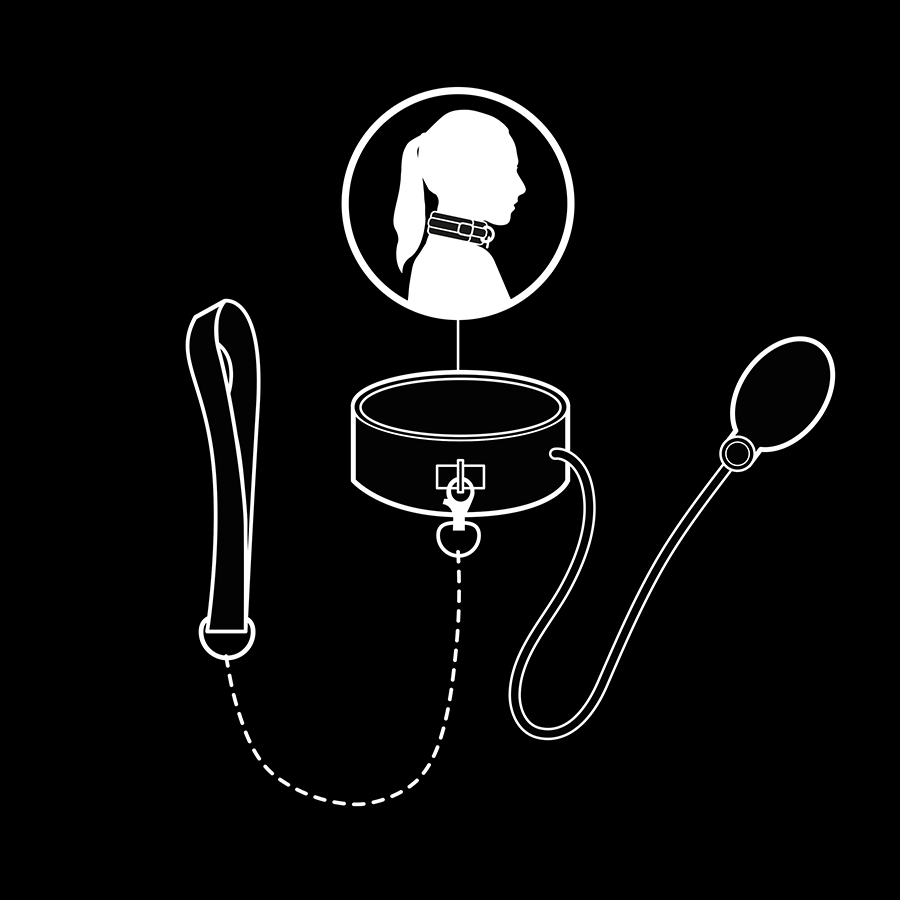 Ilustración del collar BDSM inflable Fetish Submissive Extreme con cadena, en vista frontal y lateral.