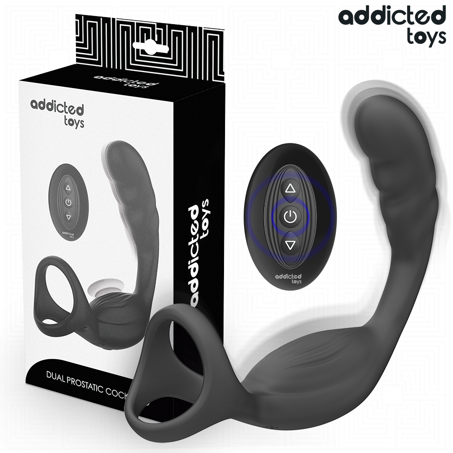 Addicted Toys anillo vibrador prostático negro con mando y caja del producto visible